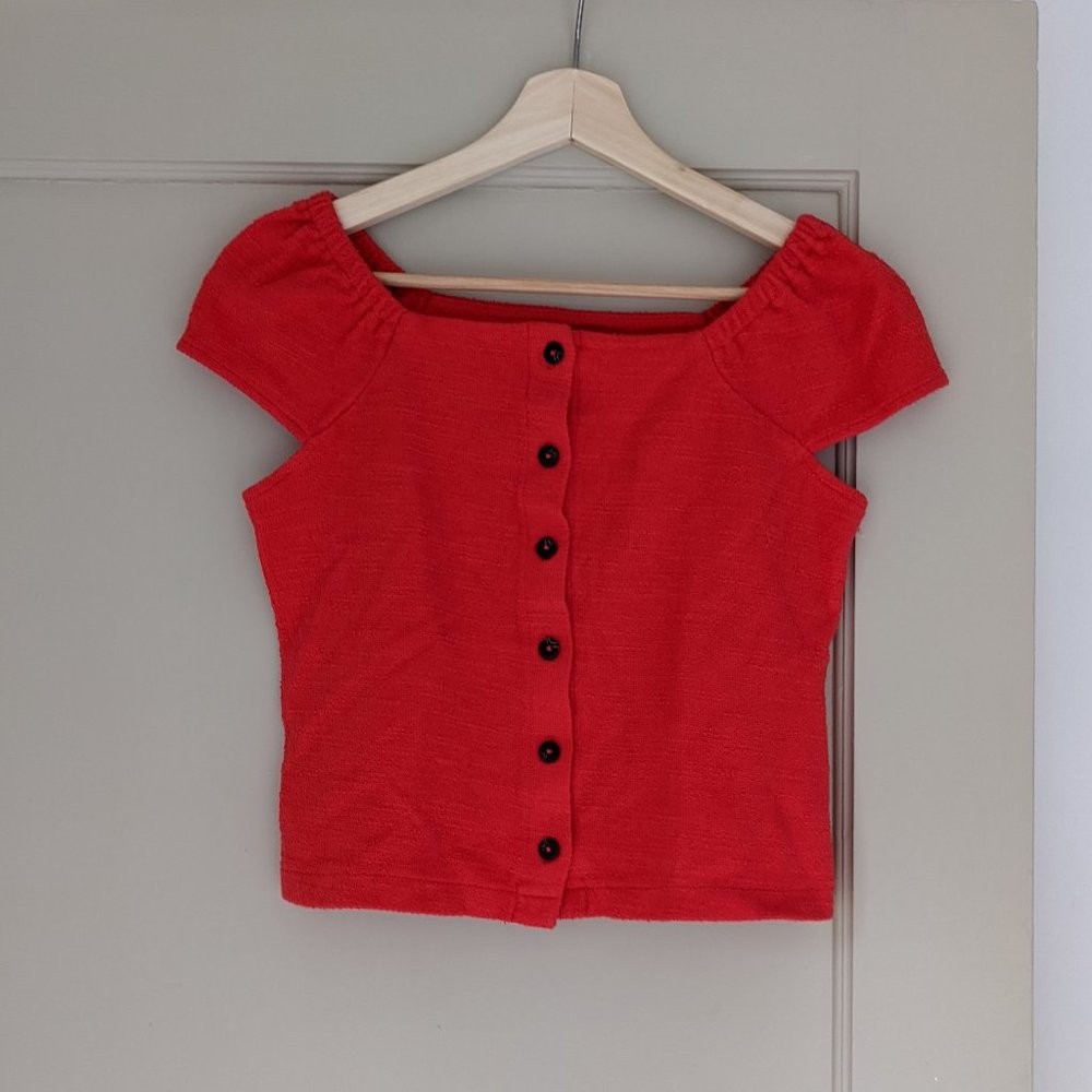 Madewell Texture & Thread Cap-Sleeve Red Buttoned Top, Size XS